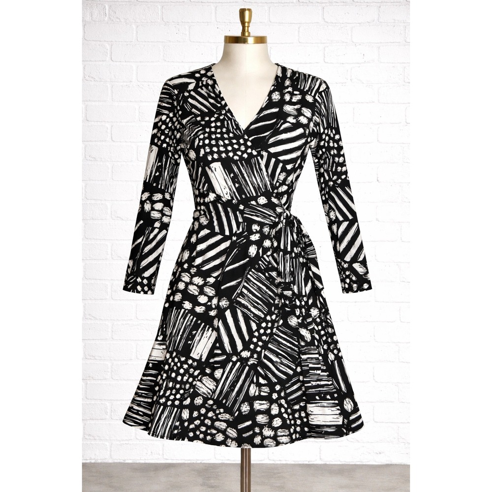 Vicky Tiel Jersey Wrap Dress Womens S Black White Abstract Long Sleeve Tie Waist